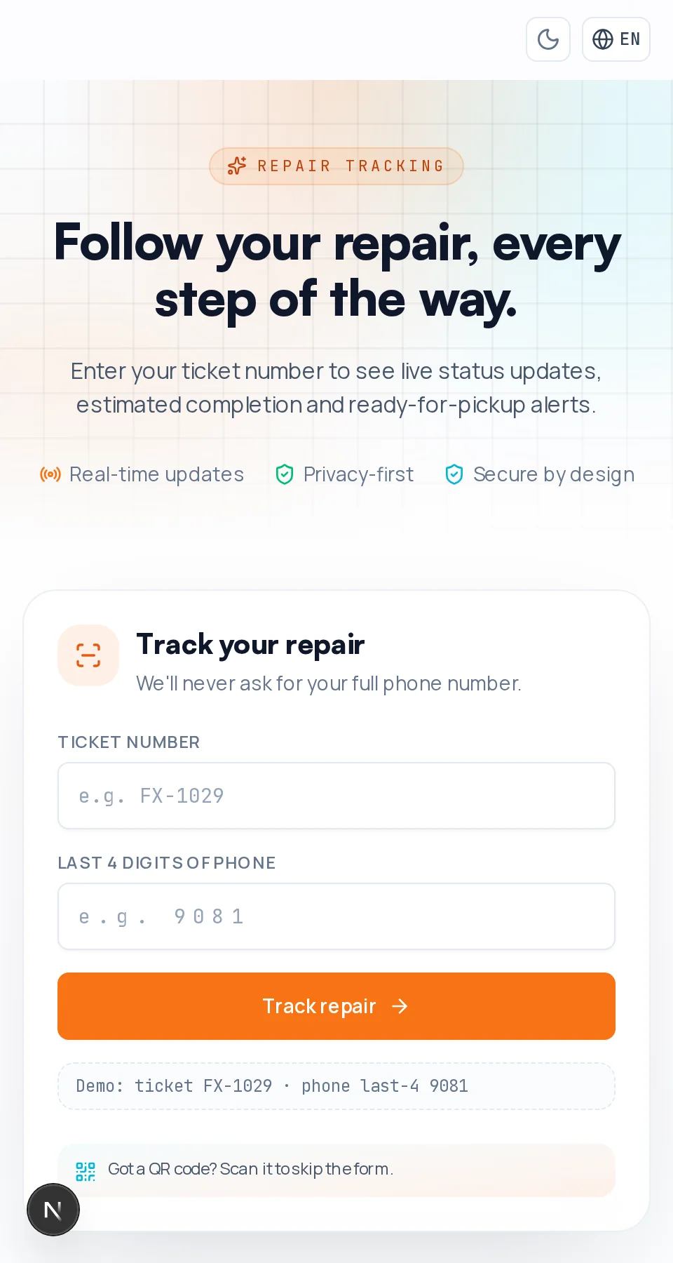 Customer tracking page